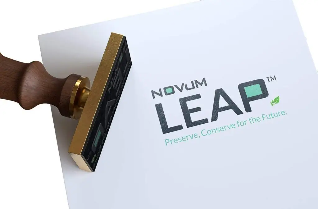 Novum Leap logo being stamped onto paper
