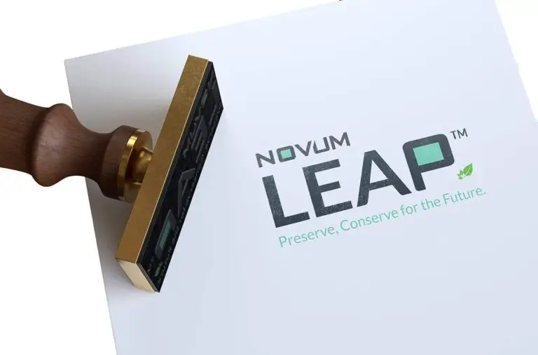 Novum Leap logo being stamped onto paper