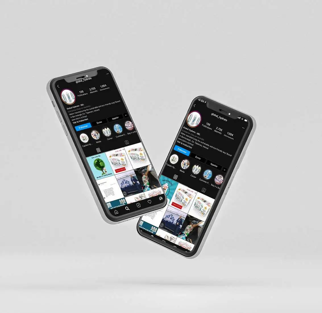 Two smartphones showing social media profiles managed by Brand You, a social media marketing agency UK