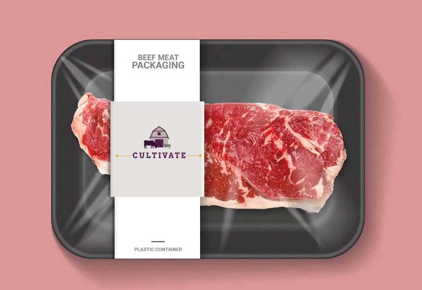 Branded meat packaging design with a butcher label on a pink background
