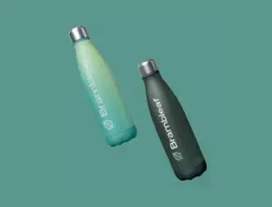 Two Brambleaf branded reusable water bottles on a green background