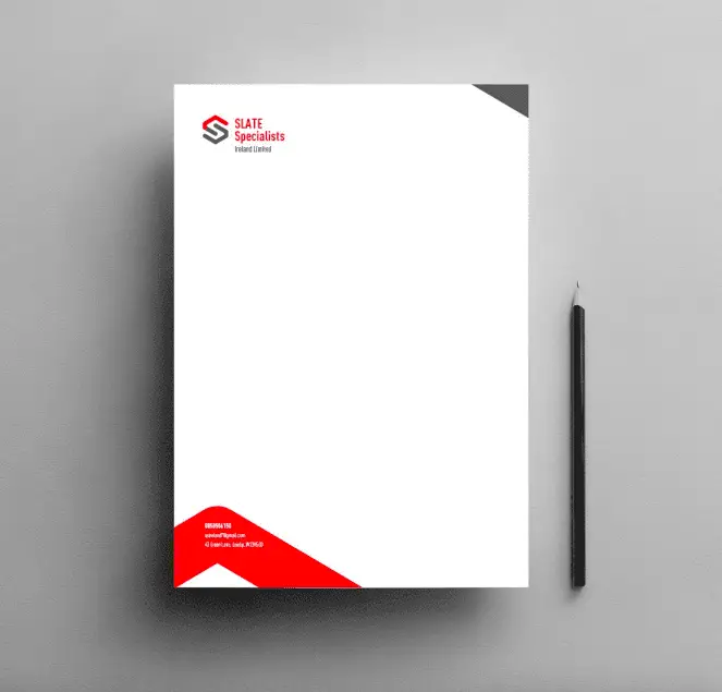 Branded letterhead stationery design with red and black corner accents