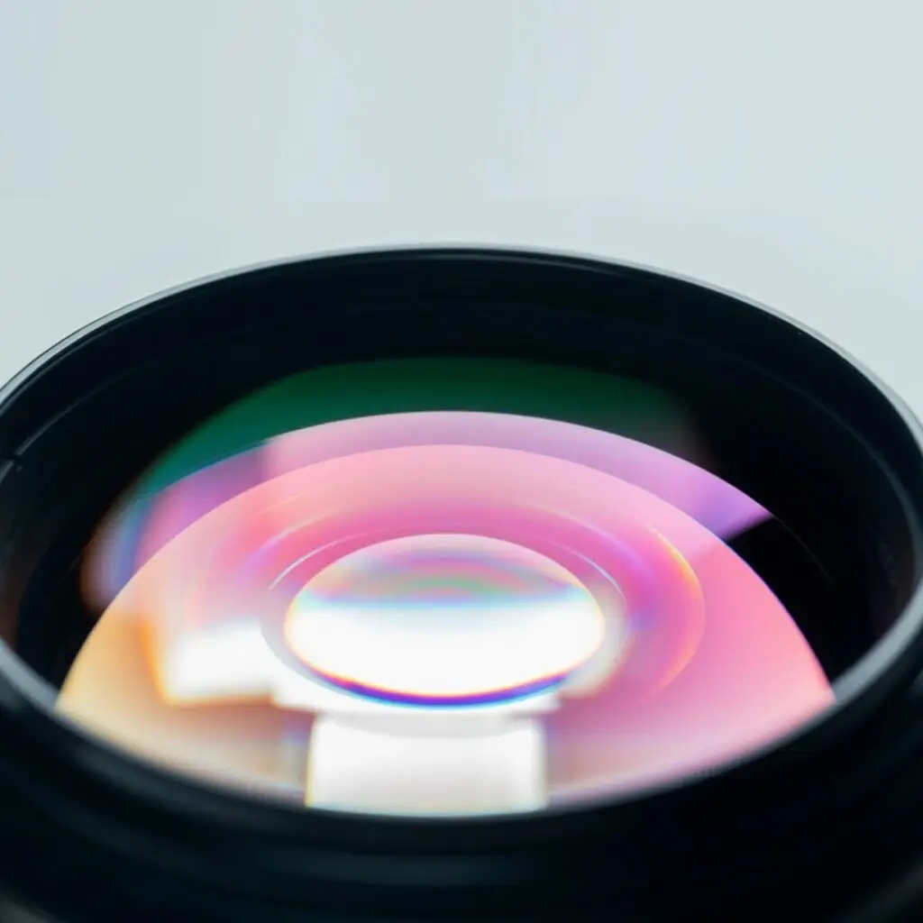 Close-up of a camera lens with colourful reflections